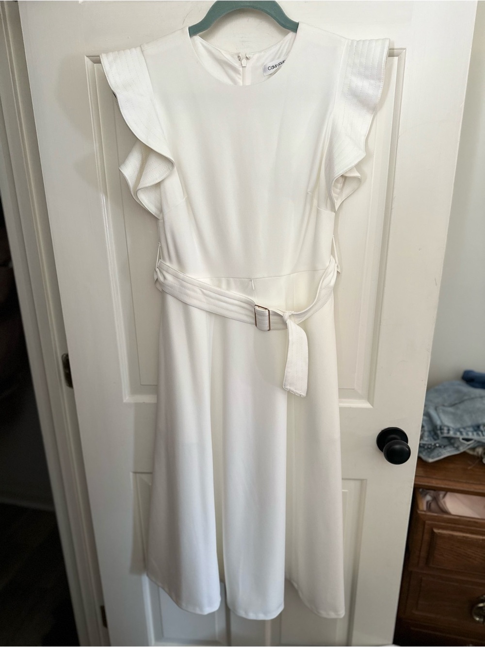 Calvin Klein Ivory Ruffle-Sleeve Midi Dress with Self Belt
